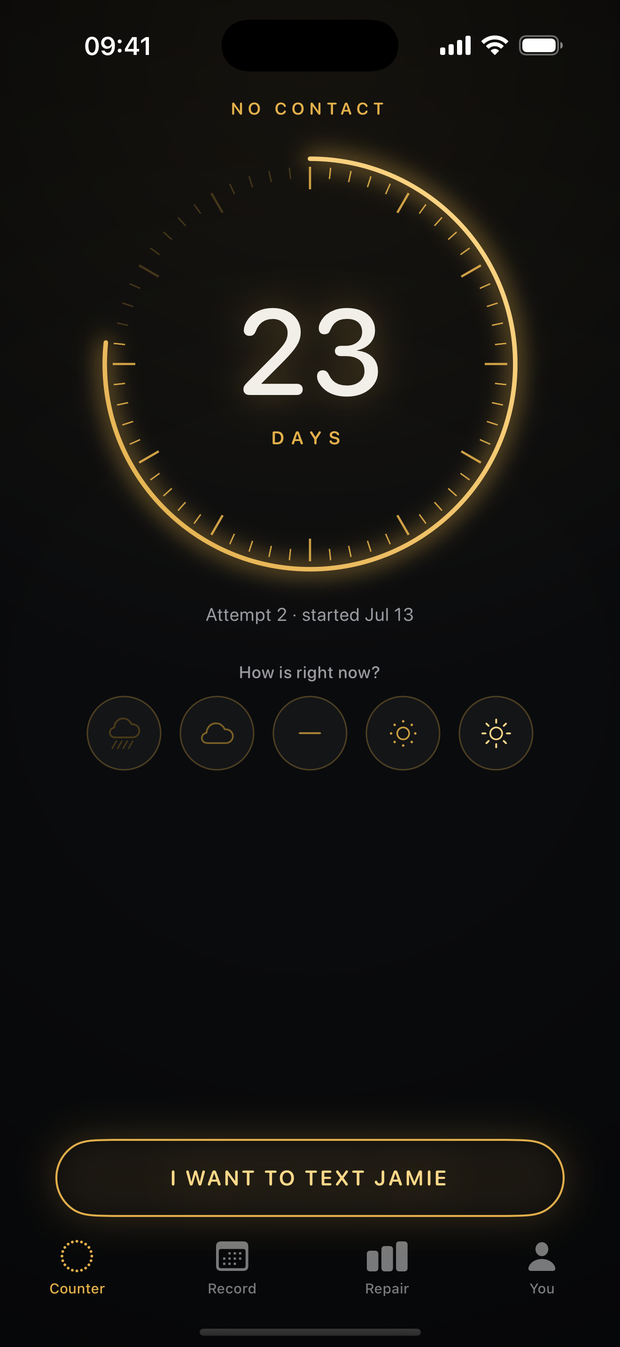 Unhooked home screen showing a 23-day no contact counter on a gold dial